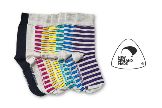 Set of colourful striped socks from Roam Barefoot with 'New Zealand Made' label on a white background