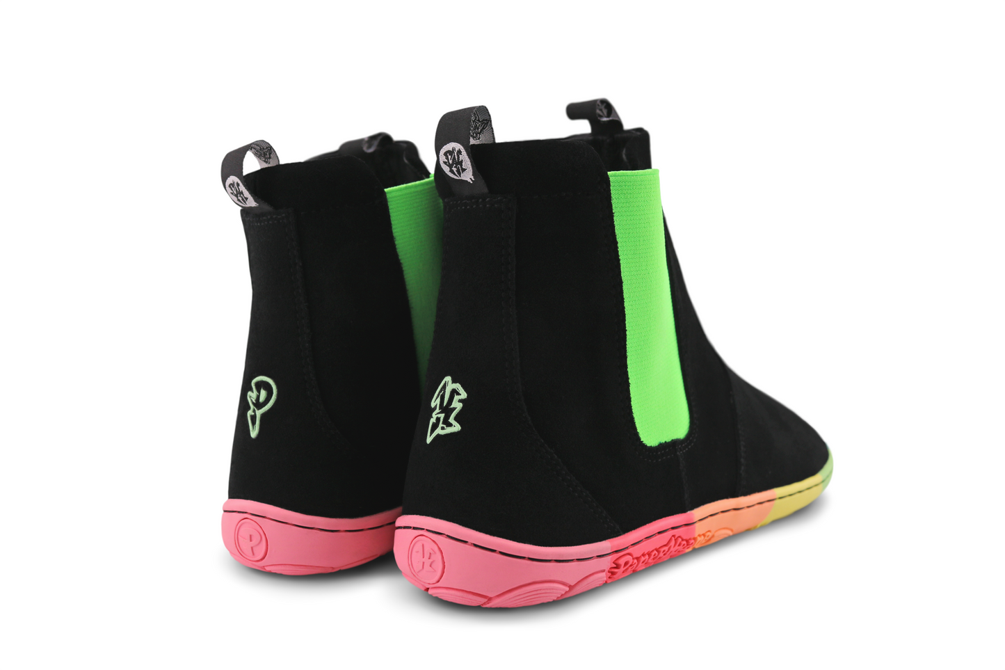 THE BACK OF A PAIR OF SKITTLE NEON BOOTS