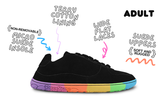 Black shoe with colourful sole and feature text on a white background