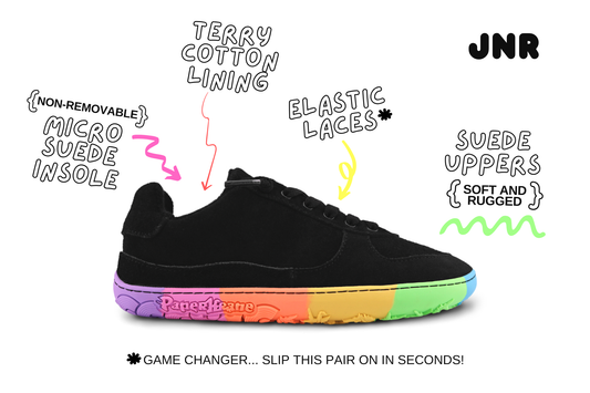 Black sneaker with colourful sole and feature text on a white background