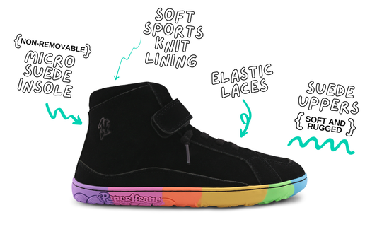 Black mid-top sneaker with colourful sole and feature text on a white background