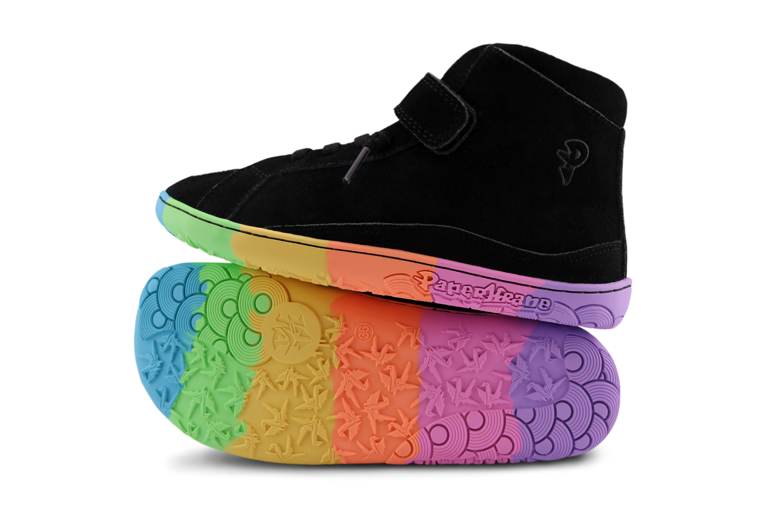 Black mid-top sneaker with colourful sole on a white background