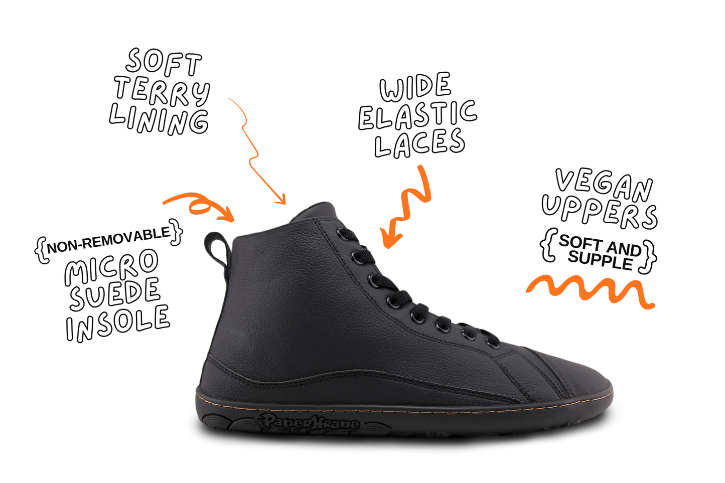 A black high-top shoe on a white background with hand-drawn callouts and arrows pointing to features like soft terry lining, wide elastic laces, non-removable micro suede insole, vegan uppers, and soft and supple material. The brand name 'PaperKrane' is visible on the side of the sole.