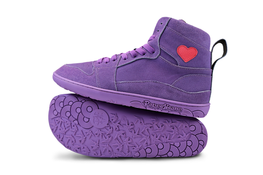 Purple high-top sneakers with a red heart on a white background