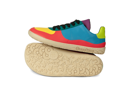 VEGGIE LOW SNEAKERS - BEIGE SOLE, RED DETAILS, BLUE SIDE PANEL, TEAL AROUND THE LACES, YELLOW ON TOP OF THE TOES, PURPLE TONGUE, AND LIME GREEN BACK PANEL WITH PK LOGO ON. 