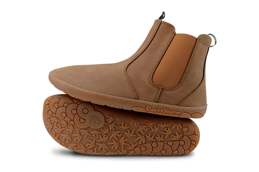 Brown leather boot with PaperKrane brand name on a white background