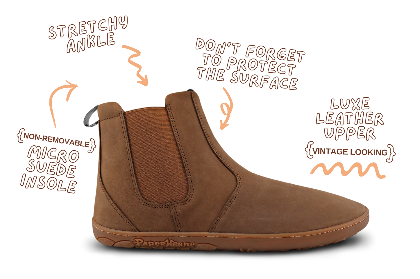 Brown leather barefoot chelsea boot with features highlighted on a white background