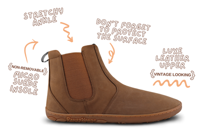 Brown leather barefoot chelsea boot with features highlighted on a white background