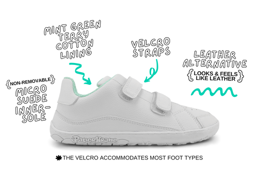 White vegan sneaker with velcro hook-and-loop straps, shown on a white background with hand-drawn text callouts describing features like mint green terry cotton lining, velcro straps, non-removable micro suede inner sole, and leather alternative.