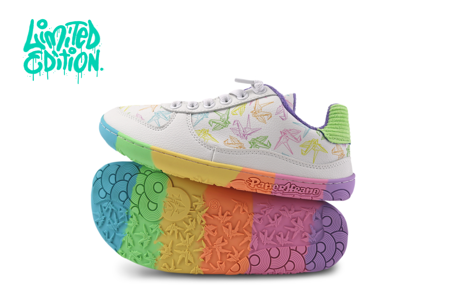 White vegan leather barefoot shoes for kids, with rainbow soles and matching origami crane print. With limited edition text in the top left corner on a white background. 