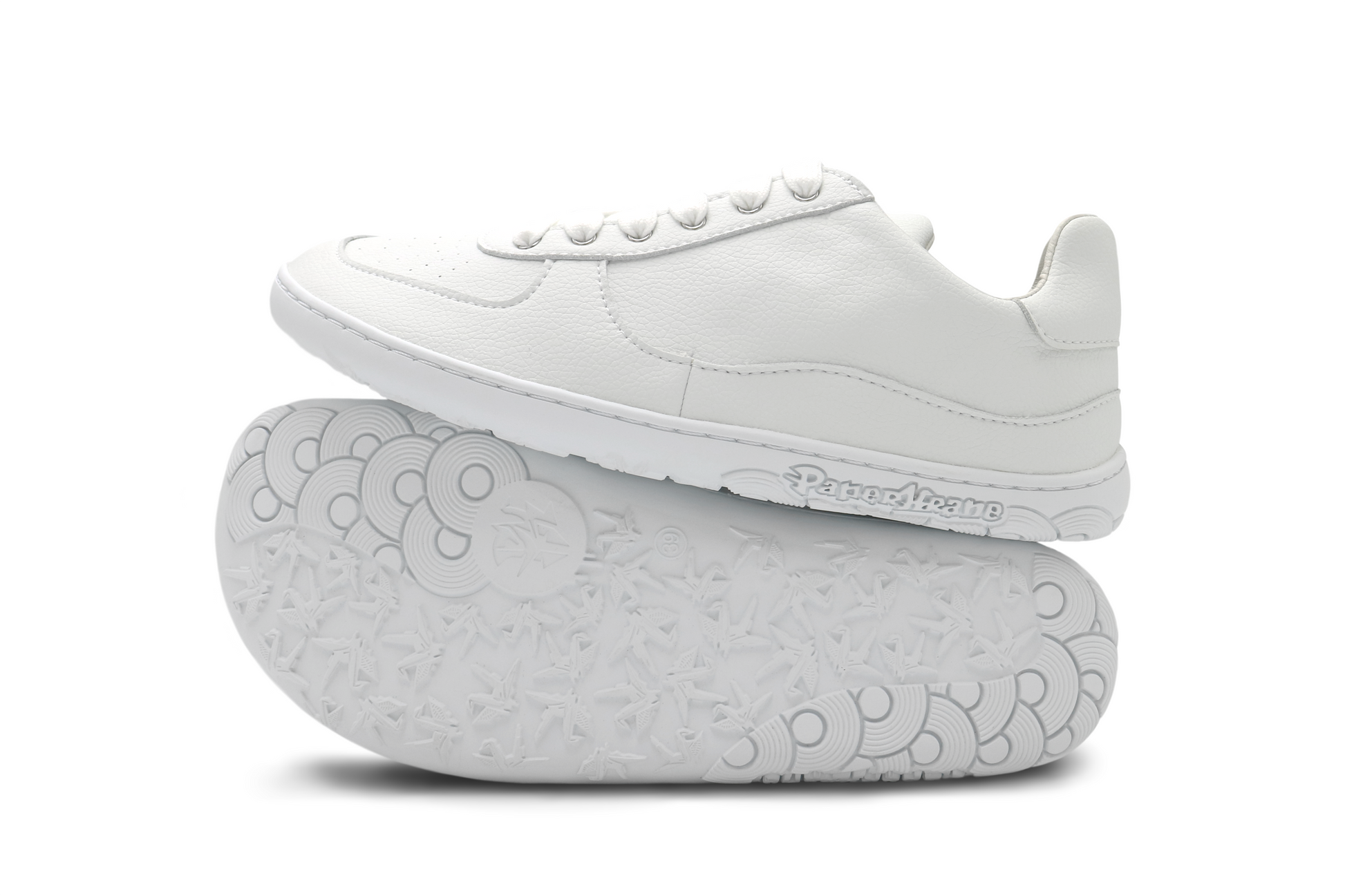 white low barefoot sneaker, side and sole view