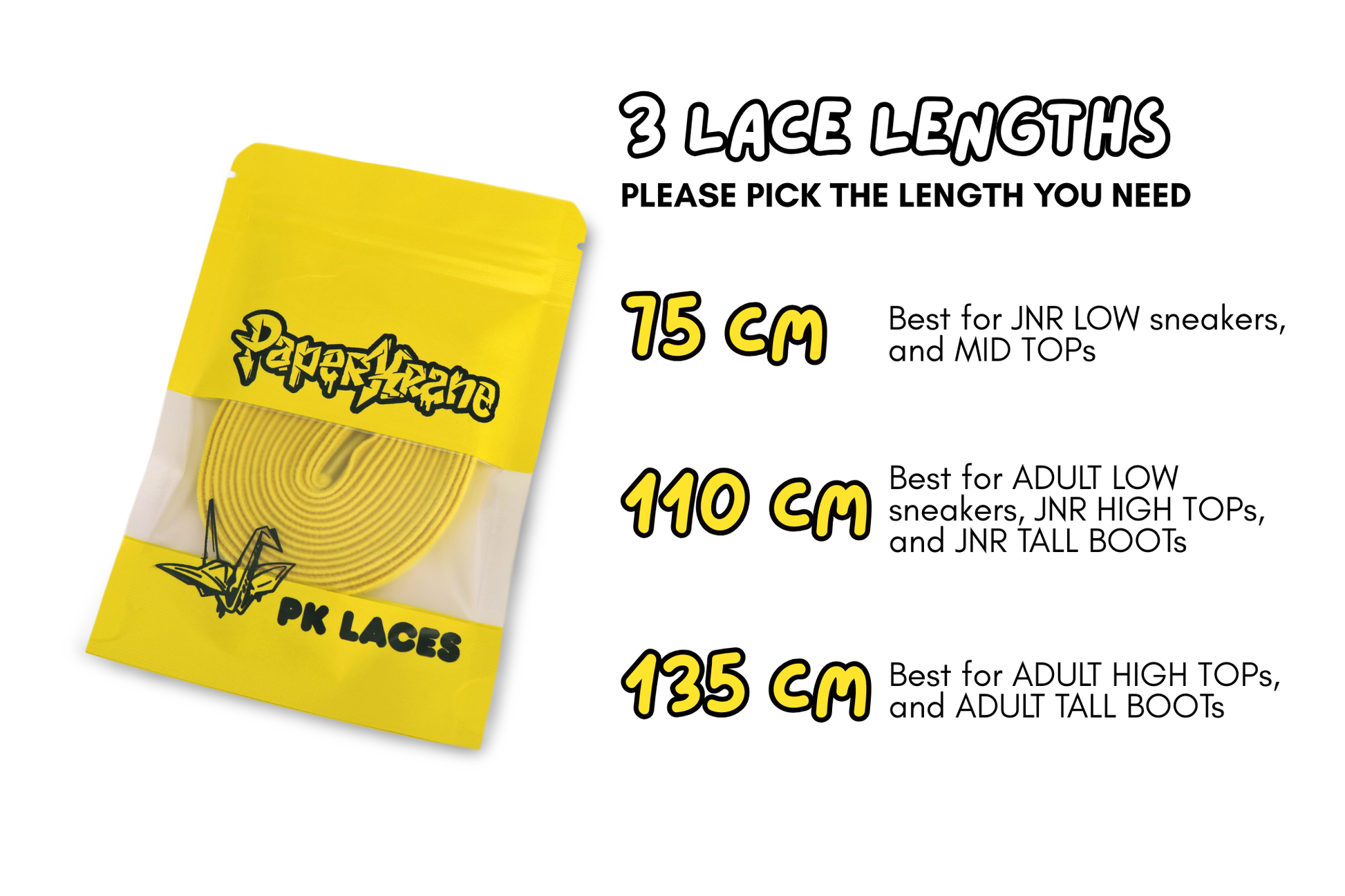 Yellow PK lace package with lace length options on a white background