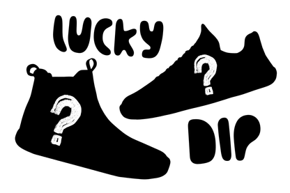 THE WORDS "LUCKY DIP" AND TWO PAPERKRANE BAREFOOT SHOE SILHOUETTES WITH WHITE QUESTION MARKS ON THEM, ON A WHITE BACKGROUND. 